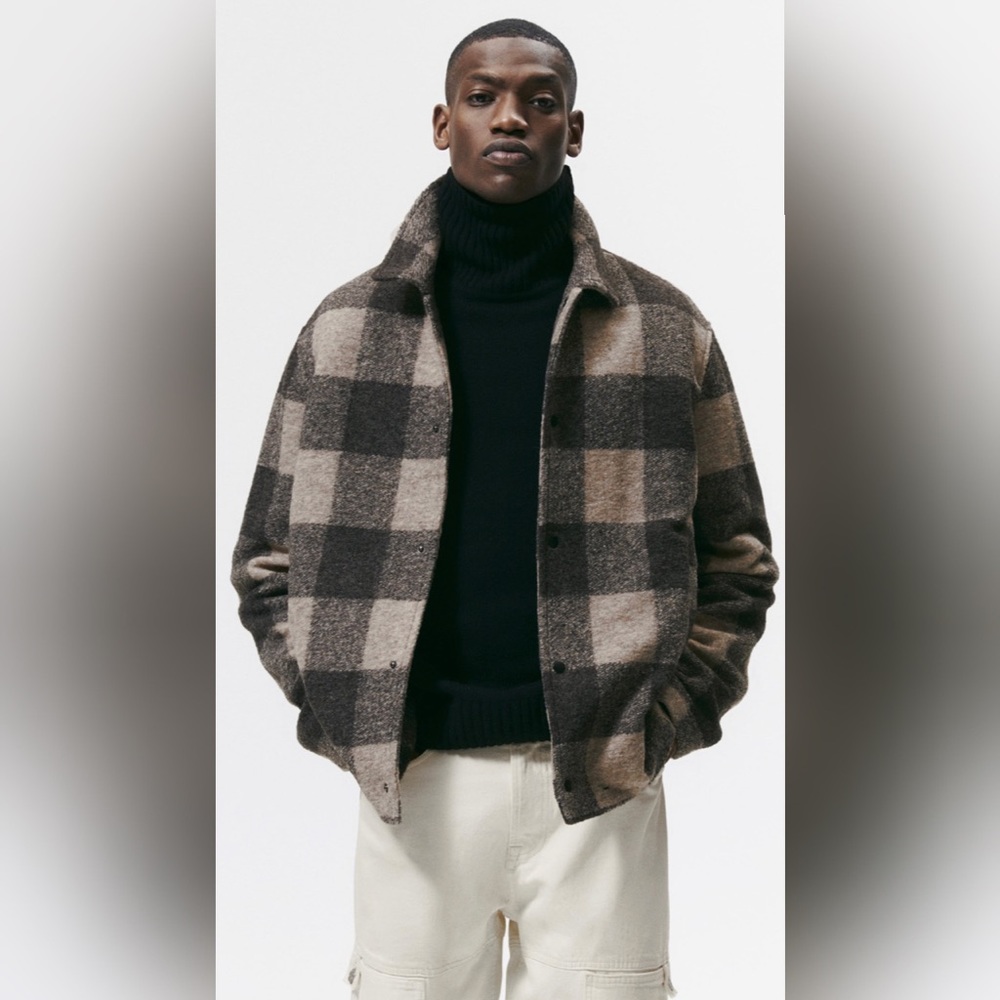 Zara Men Plaid Texture Jacket in Dark Brown Tan